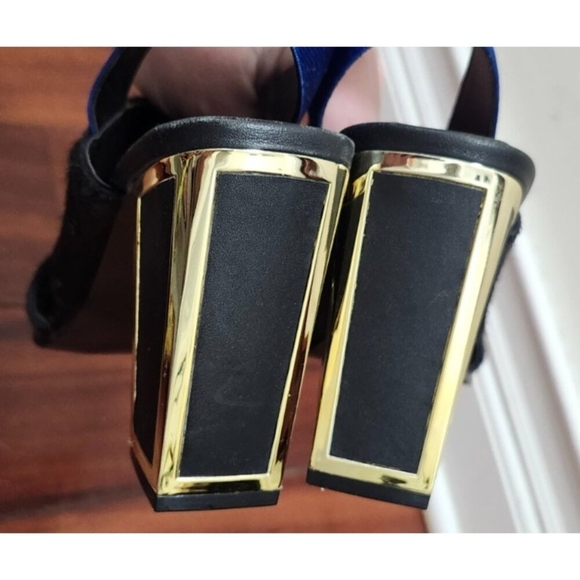 Kat Maconie Black Pony Hair Slingback Heels Gold Block Heel Blue Strap Sz 38 / 7 - Picture 11 of 15